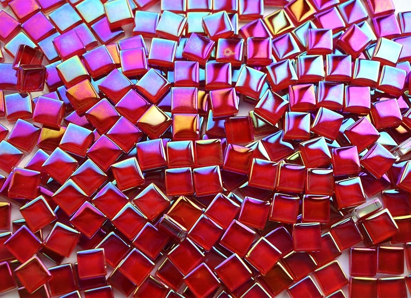 CHICSHIS 0.66lbs Ruby Red Iridescent Mosaic Tiles, 3/8" Square Glass Pieces With Smooth Edges, Ideal for Making Supplies, Small Colored Glass Tiles for DIY Coaster Projects - Image 2